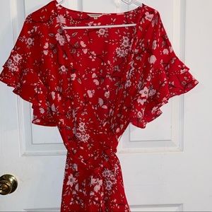 Red Floral Print Wrap Midi Dress